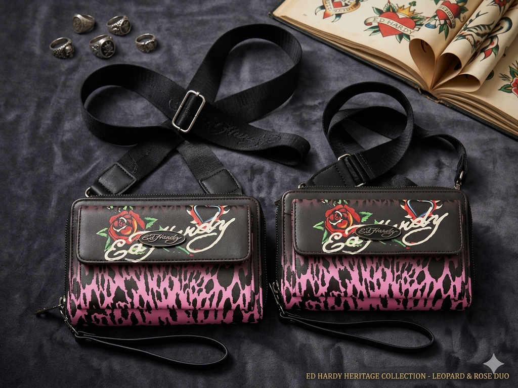 Ed Hardy Heritage Collection Leopard & Rose Crossbody Wallet