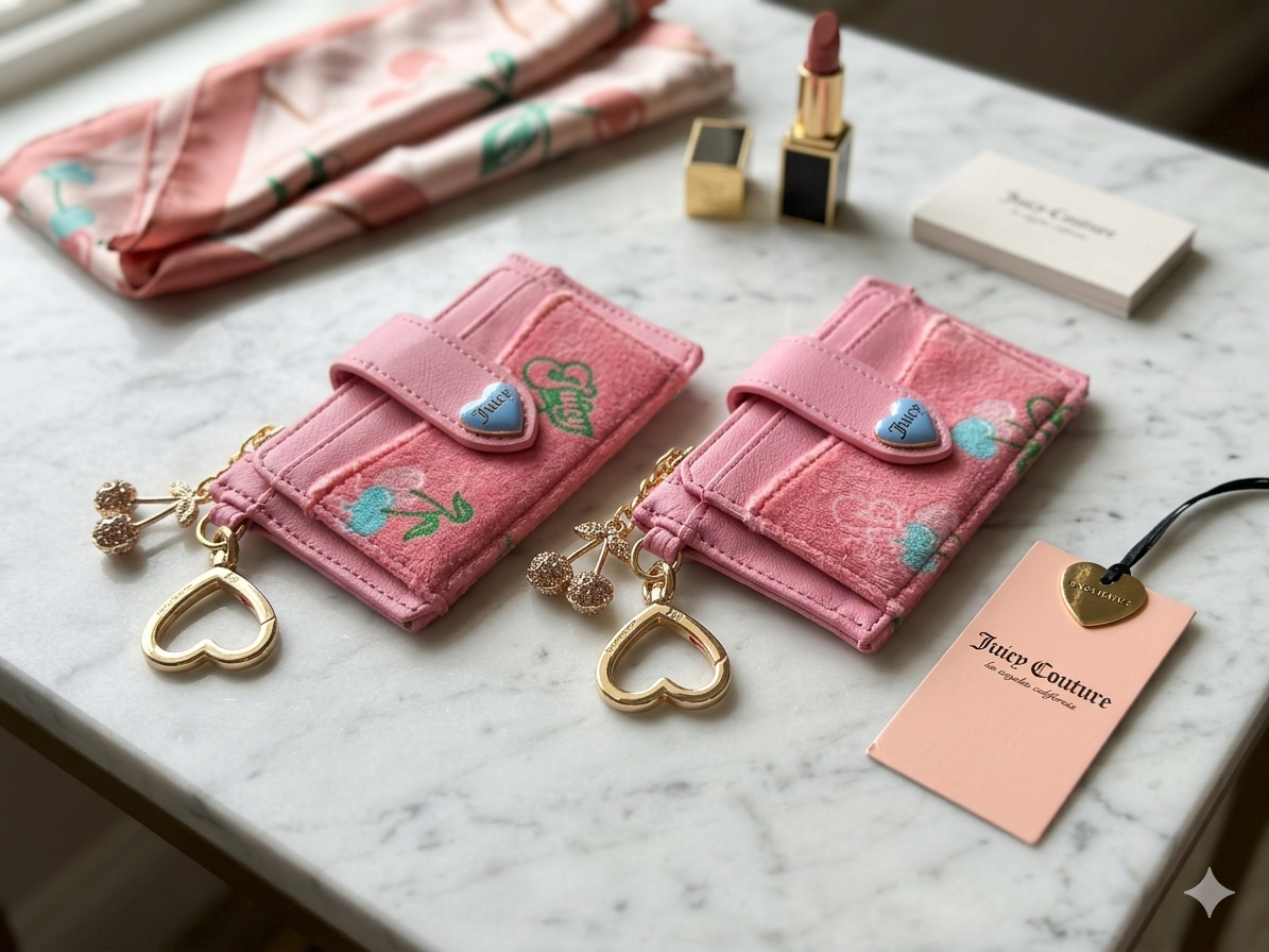 Juicy Couture Pink Velour Cherry Print Cardholder Keychain