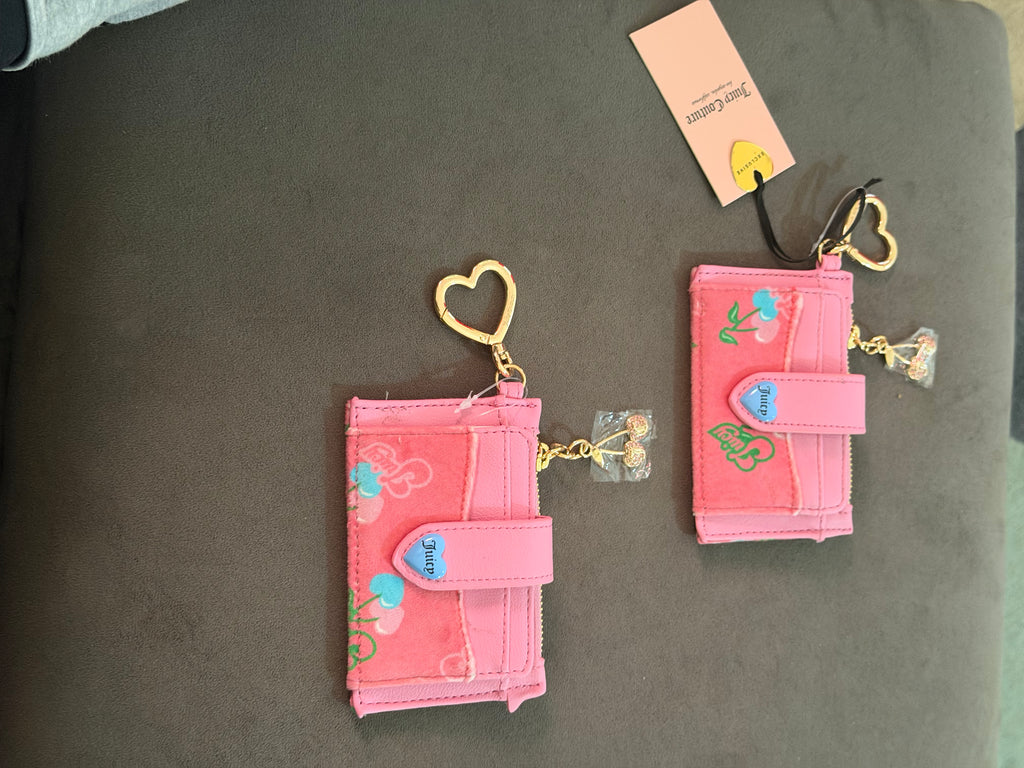 Juicy Couture Pink Velour Cherry Print Cardholder Keychain