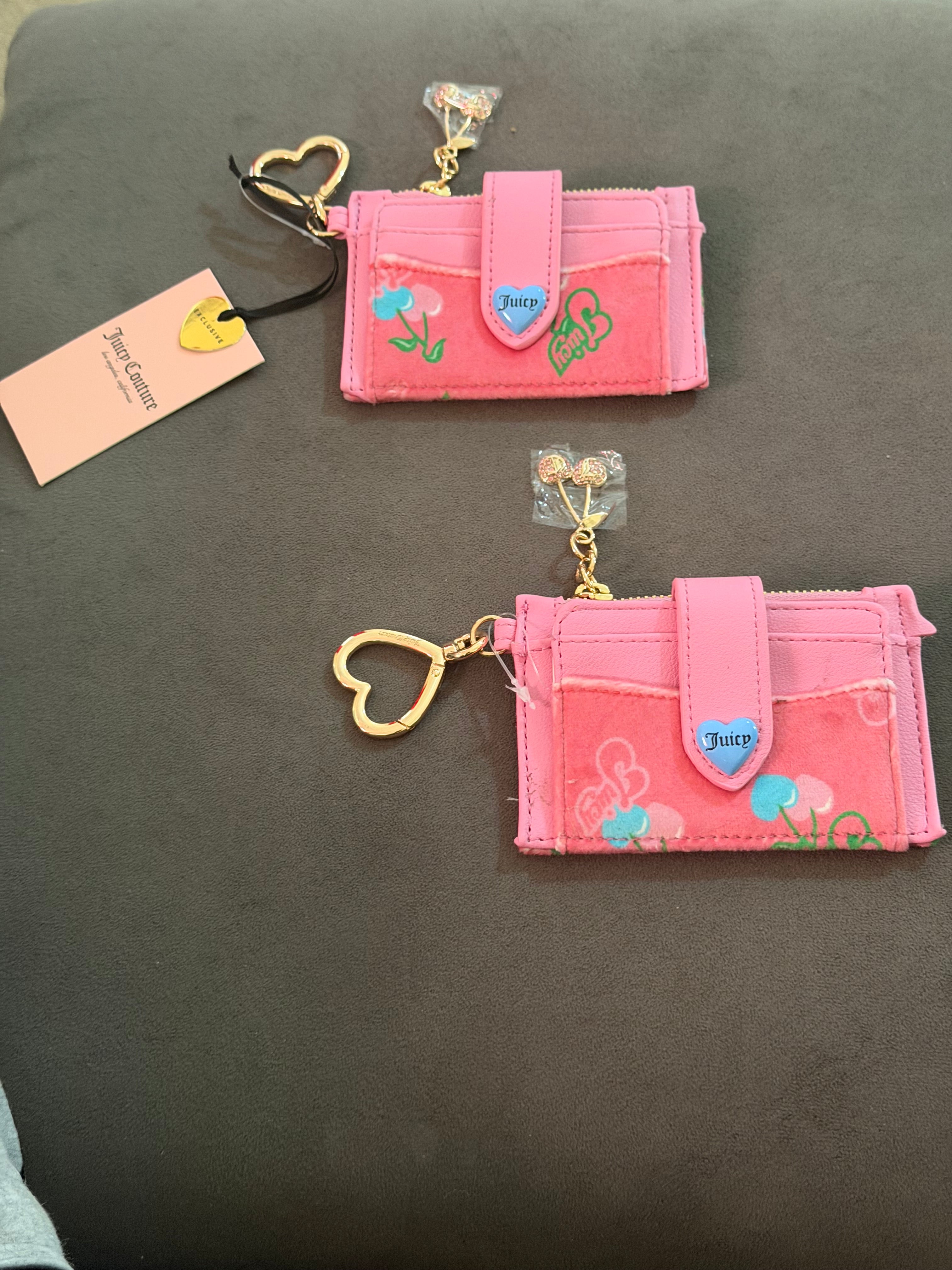 Juicy Couture Pink Velour Cherry Print Cardholder Keychain